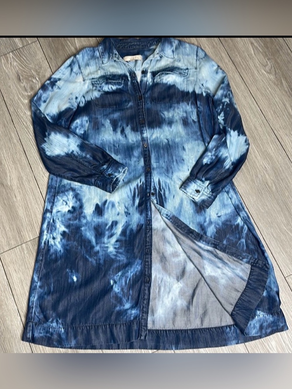 LOFT Bleach Washed Denim Shirt Dress Long sleeves Button down Collar Midi Tunic - Picture 12 of 14